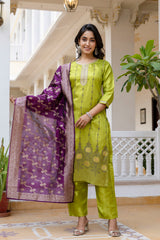 Mint Green Pure Silk Kurta Set for Women | Embroidered & Hand Printed Stitched Suit with Jacquard Dupatta | Elegant Ethnic Wear Malaysia | Ready to Wear