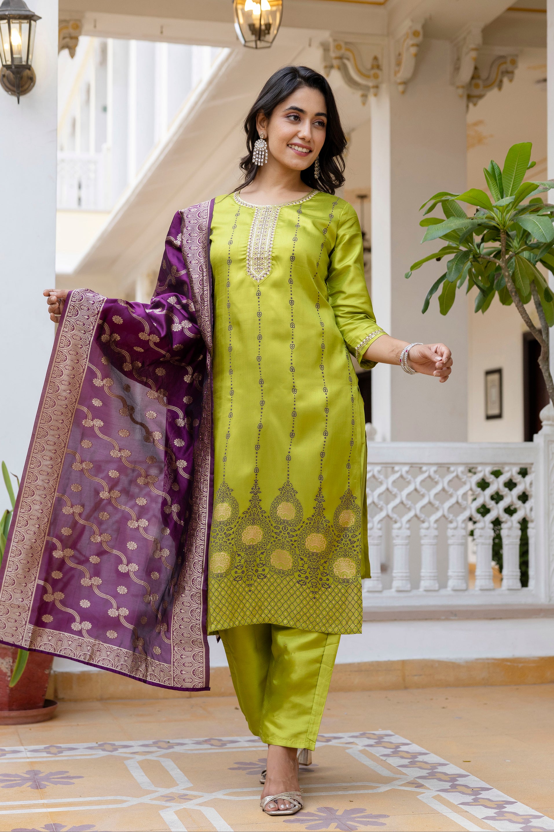 Mint Green Pure Silk Kurta Set for Women | Embroidered & Hand Printed Stitched Suit with Jacquard Dupatta | Elegant Ethnic Wear Malaysia | Ready to Wear