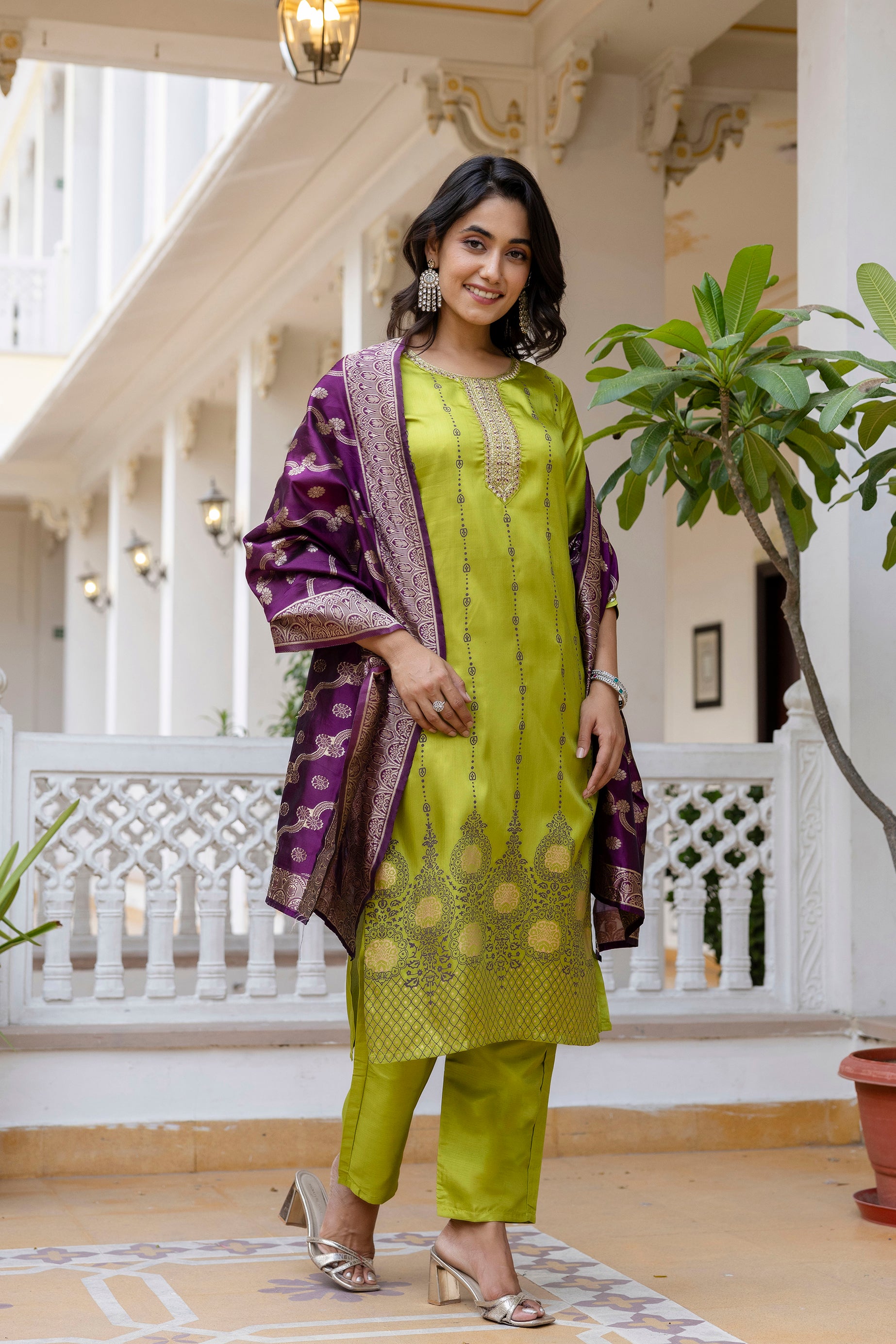 Mint Green Pure Silk Kurta Set for Women | Embroidered & Hand Printed Stitched Suit with Jacquard Dupatta | Elegant Ethnic Wear Malaysia | Ready to Wear