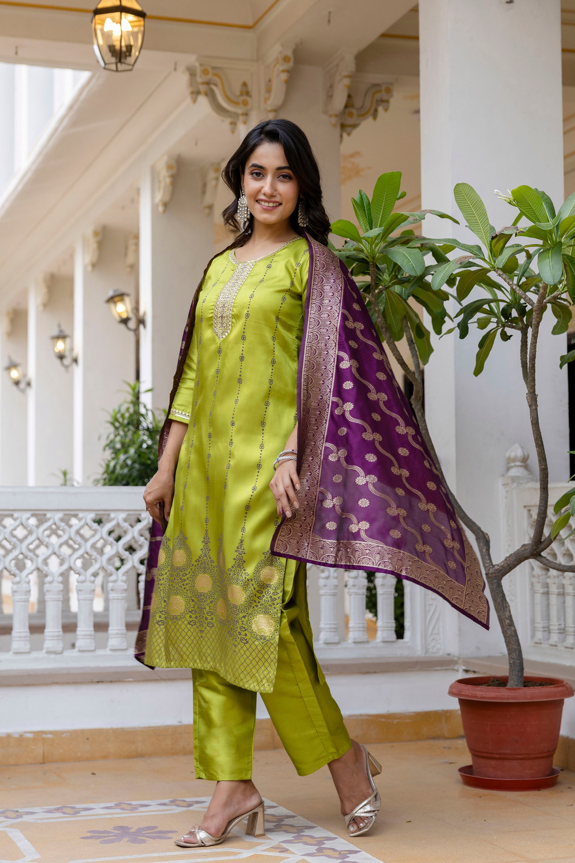 Mint Green Pure Silk Kurta Set for Women | Embroidered & Hand Printed Stitched Suit with Jacquard Dupatta | Elegant Ethnic Wear Malaysia | Ready to Wear