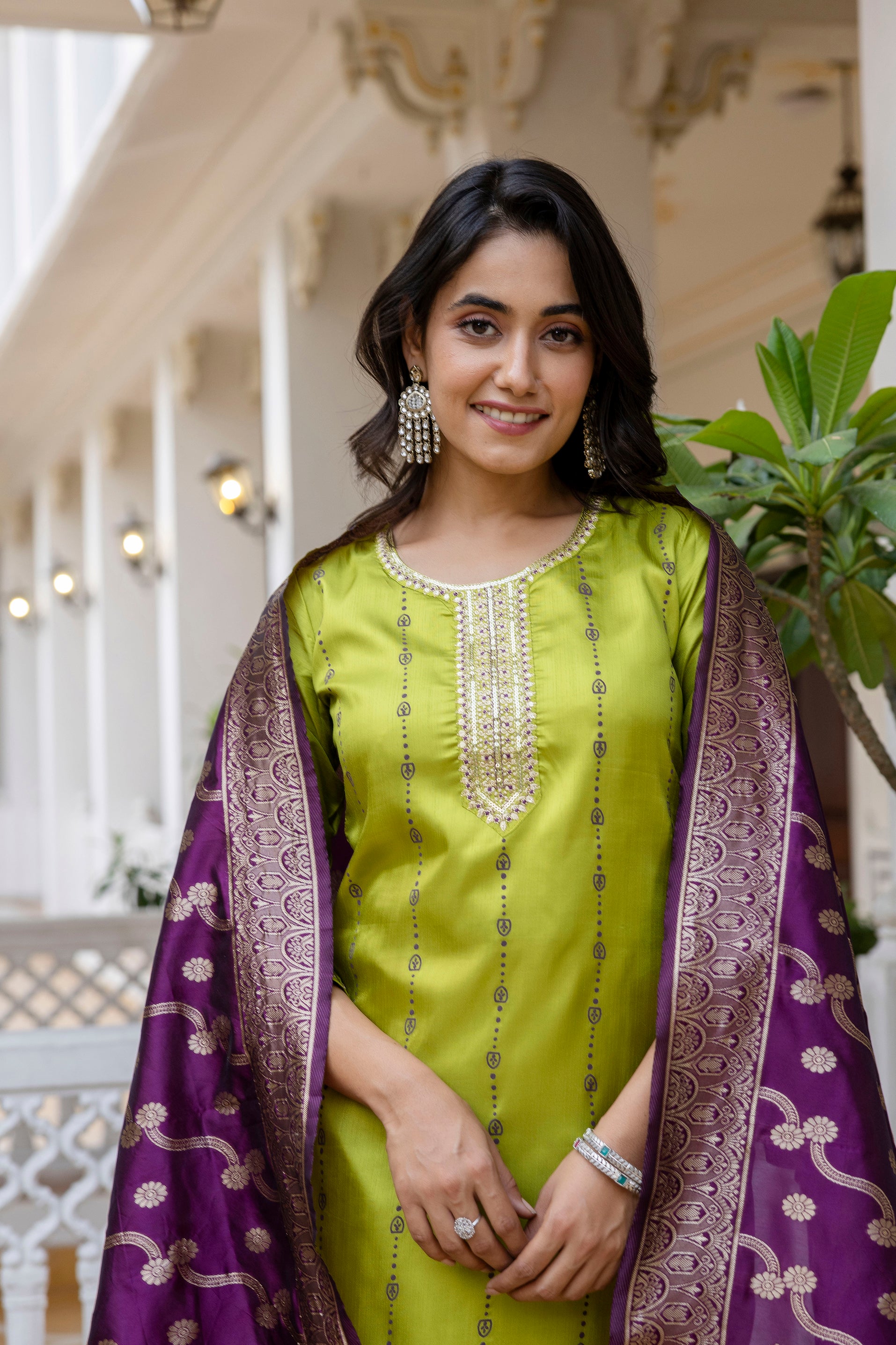 Mint Green Pure Silk Kurta Set for Women | Embroidered & Hand Printed Stitched Suit with Jacquard Dupatta | Elegant Ethnic Wear Malaysia | Ready to Wear