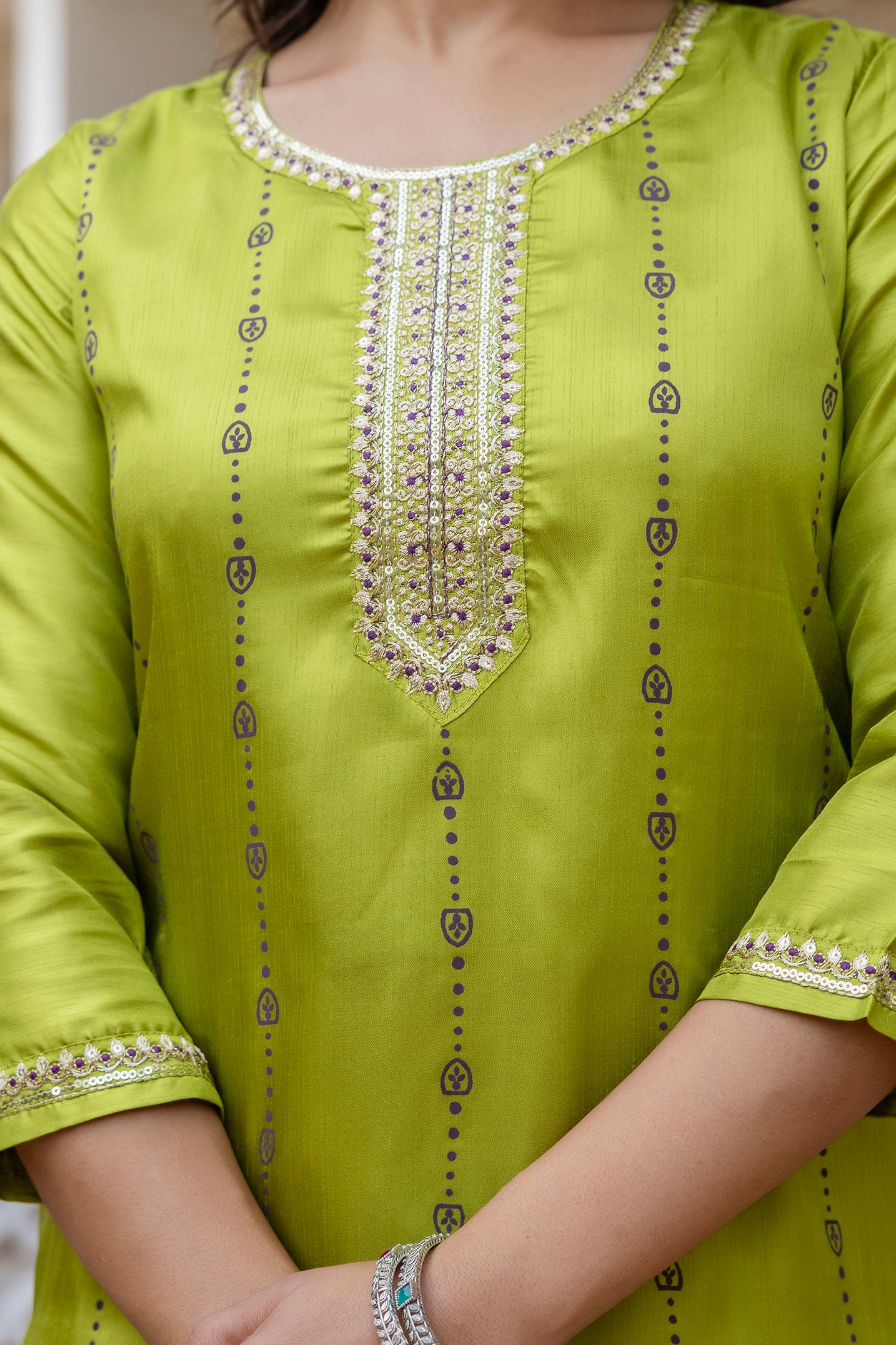 Mint Green Pure Silk Kurta Set for Women | Embroidered & Hand Printed Stitched Suit with Jacquard Dupatta | Elegant Ethnic Wear Malaysia | Ready to Wear
