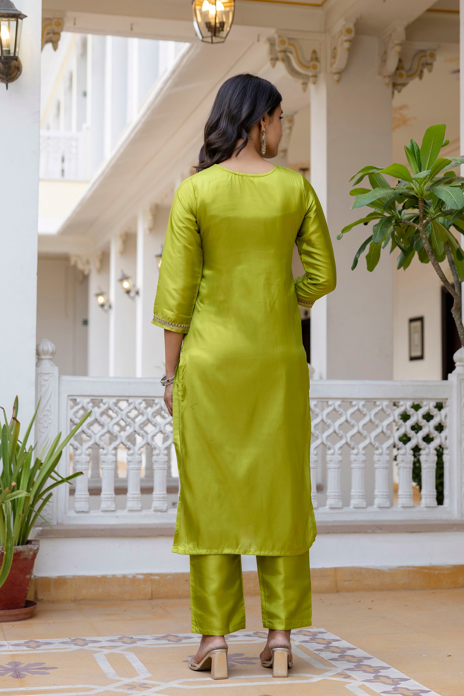 Mint Green Pure Silk Kurta Set for Women | Embroidered & Hand Printed Stitched Suit with Jacquard Dupatta | Elegant Ethnic Wear Malaysia | Ready to Wear
