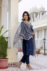 BLUE COLOURED WOMEN'S VISCOSE RAYON  KURTA WITH  DUPATTA SET