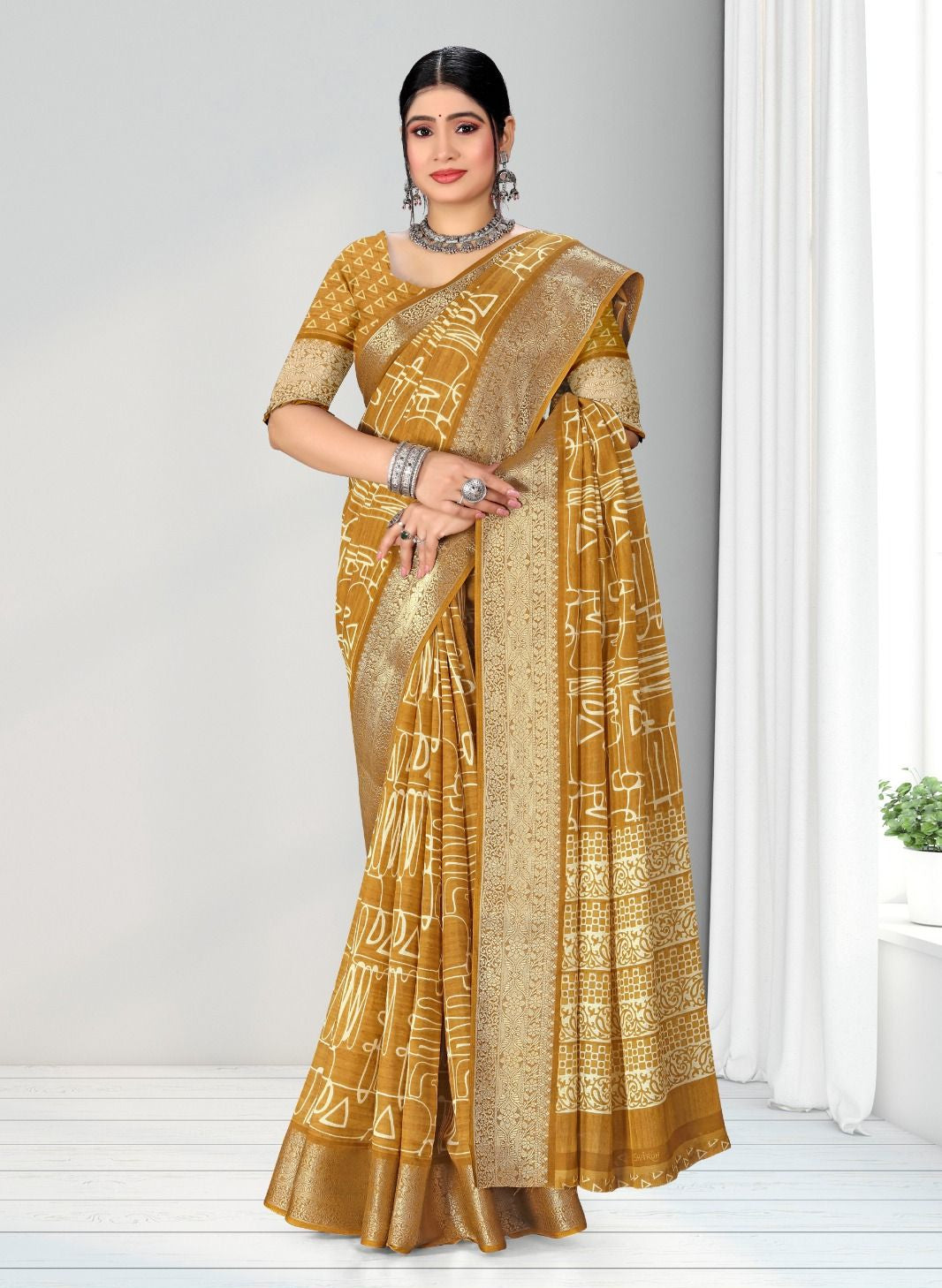 Geometric Print Zari border Soft cotton saree with blouse for women