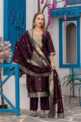 Noor Wine Soft Silk Kurta Set with Bottom & Jacquard Dupatta | Elegant Festive & Party Wear – Malaysia