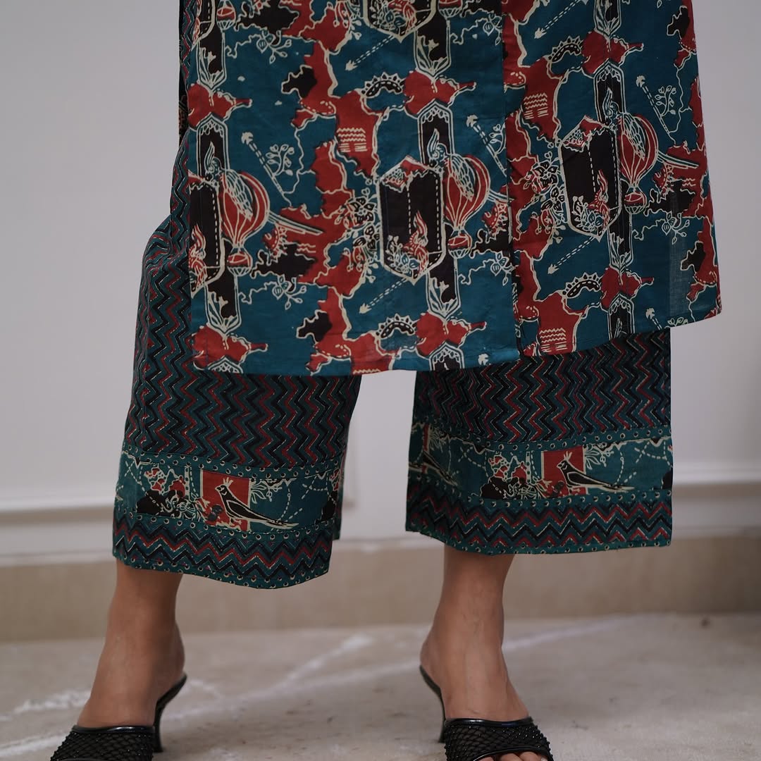 Sara Teal Cotton Kurta with Bottom | Digital Printed 2-Piece Set | Comfortable Casual & Office Wear Kurta – Malaysia