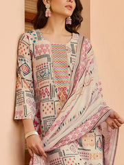WHITE COLOURED  WOMEN'S COTTON EMBROIDERED  KURTA WITH PANT DUPATTA  SET