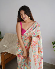 Kashmiri Weaving Multiple color thread weaving pure zari weaving Cream coloured saree