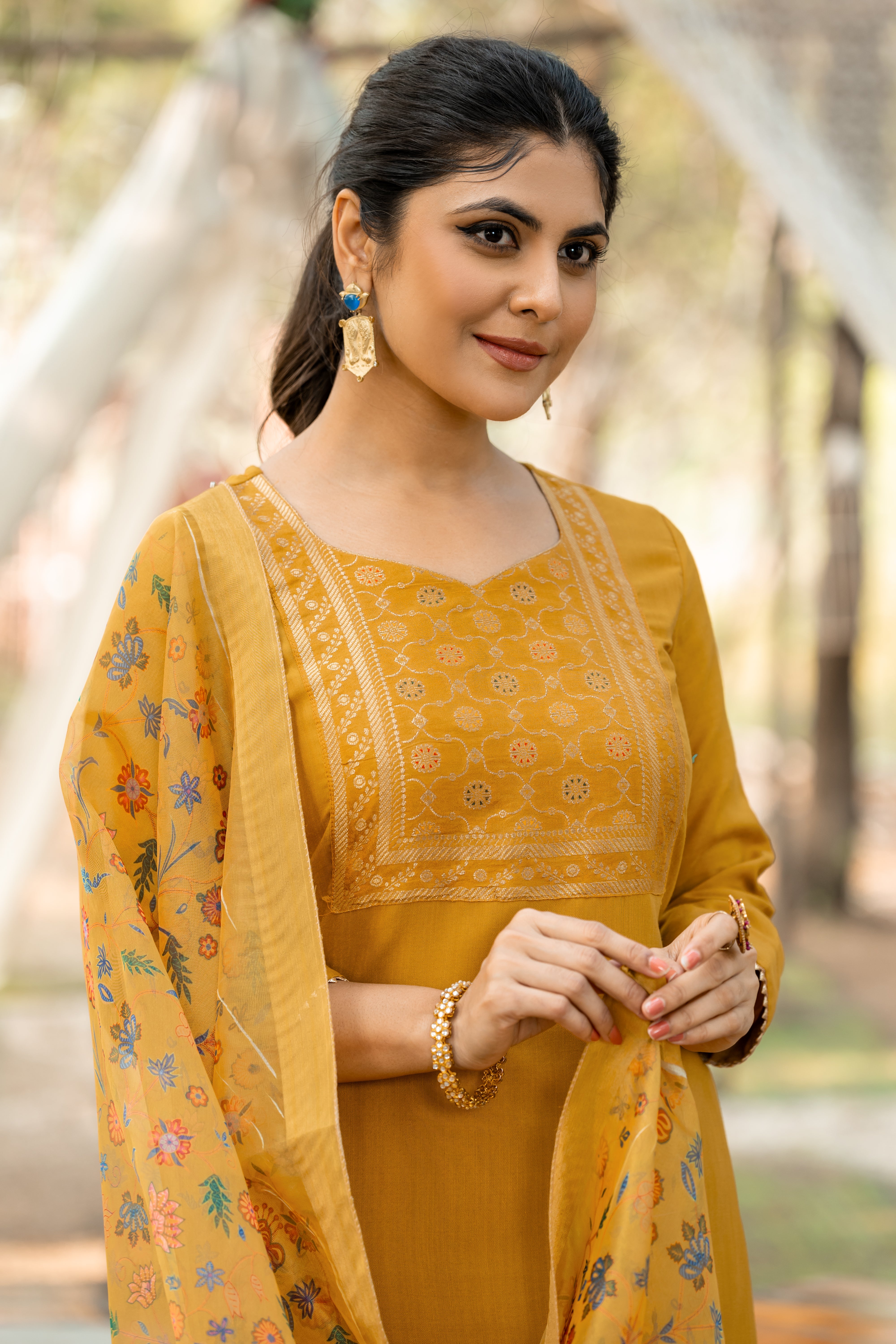 Kashturi Rayon Slub Kurta Set with Bottom & Organza Digital Print Dupatta | Jacquard Work | Festive & Party Wear – Malaysia