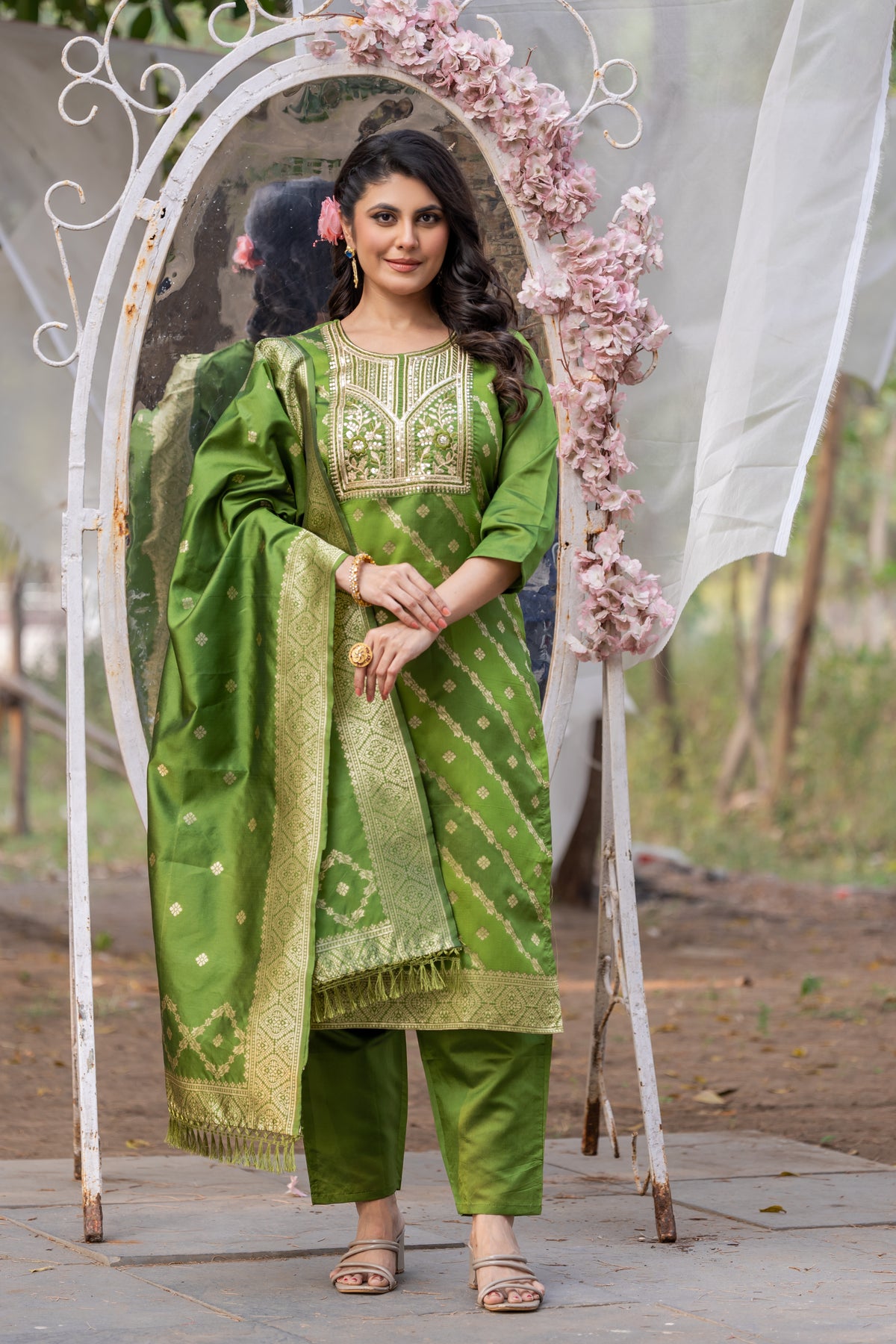 Mint Green Jacquard Silk Kurta Set with Bottom & Dupatta | Ready-to-Wear Ethnic Suit | Size S–XXL | Elegant Indian Outfit Malaysia