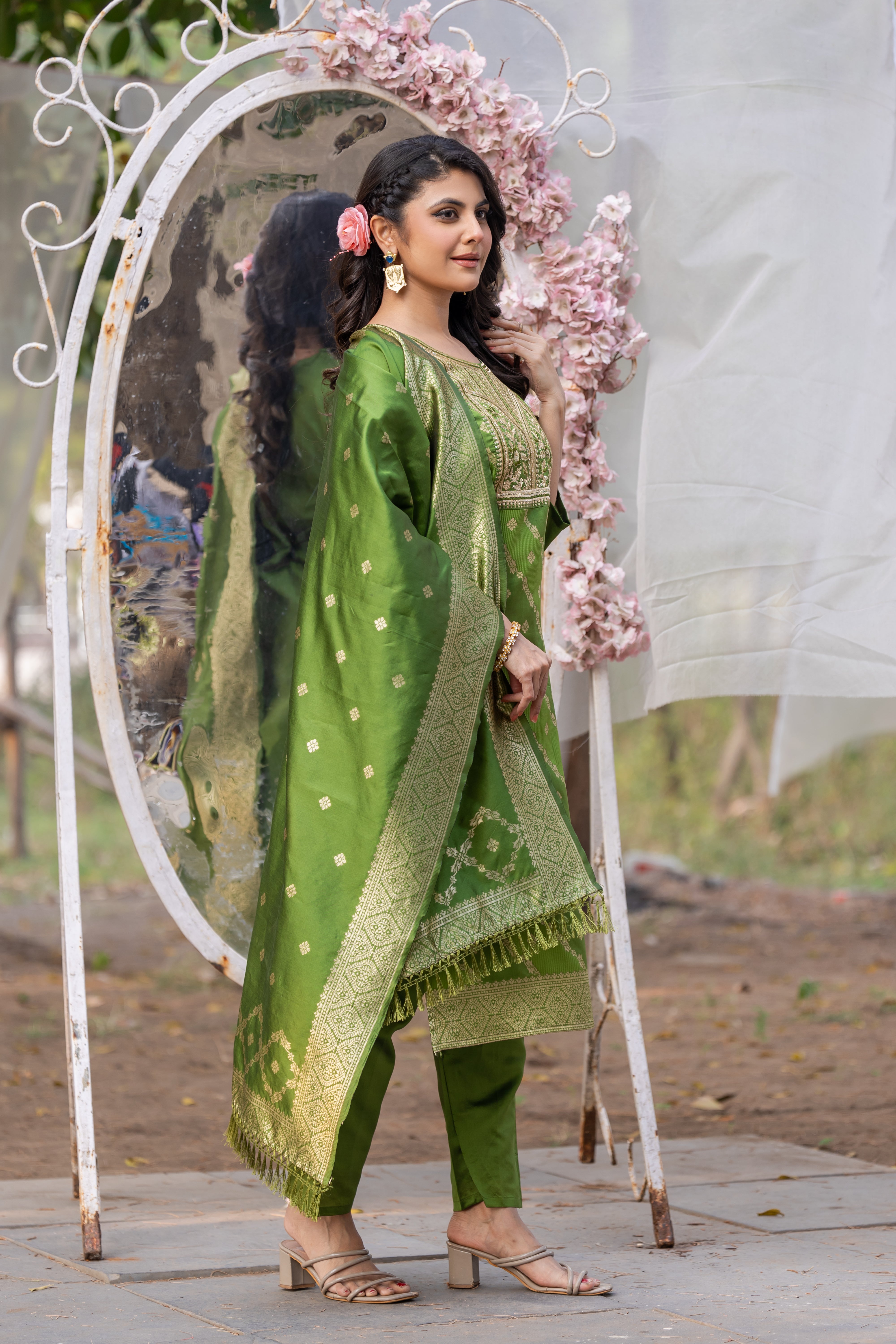 Mint Green Jacquard Silk Kurta Set with Bottom & Dupatta | Ready-to-Wear Ethnic Suit | Size S–XXL | Elegant Indian Outfit Malaysia