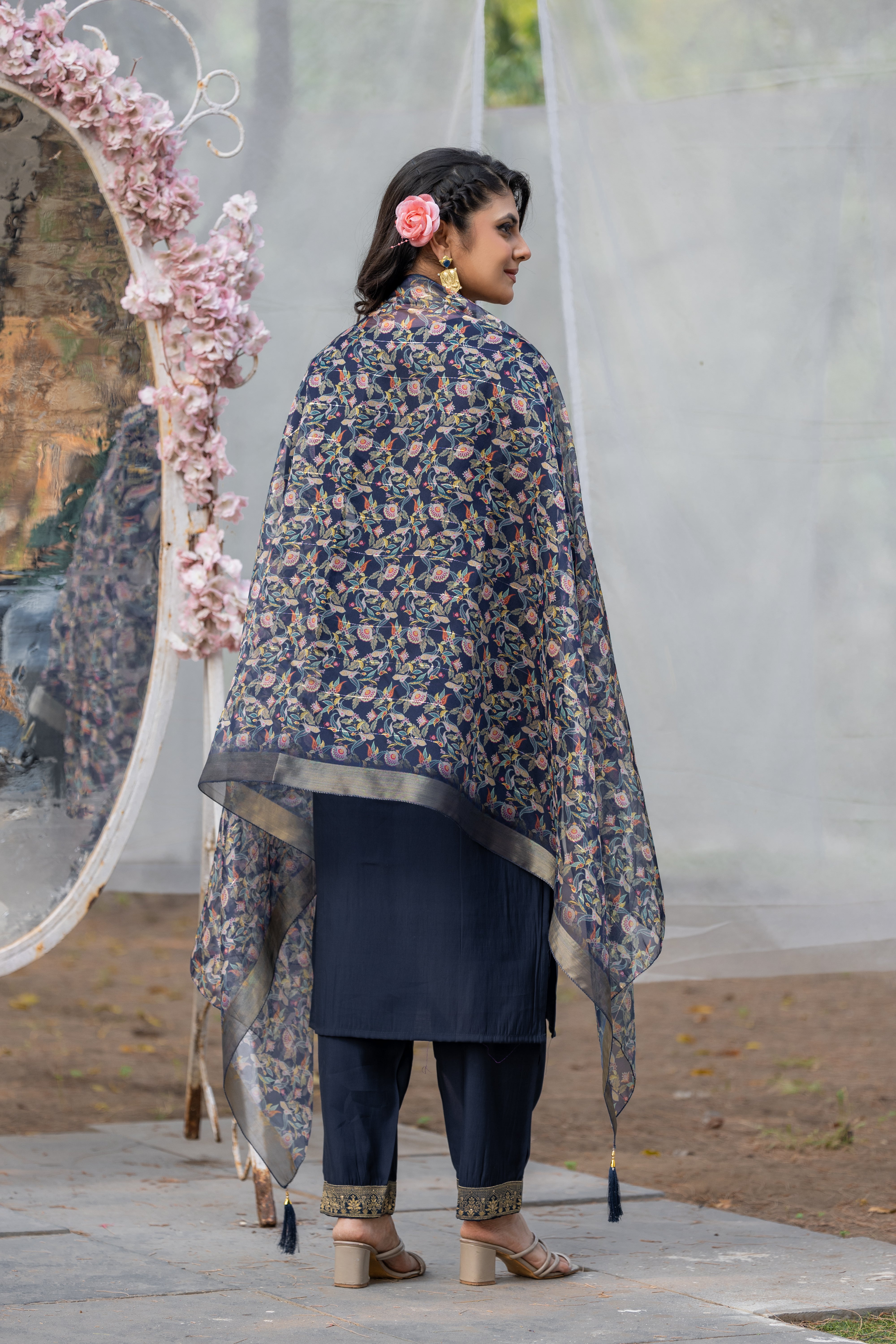 Navy Blue Rayon Slub Kurta Set with Embroidery & Digital Printed Organza Dupatta | Elegant Readymade Suit | Size S–XXL | Indian Ethnic Wear Malaysia