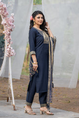 Navy Blue Rayon Slub Kurta Set with Embroidery & Digital Printed Organza Dupatta | Elegant Readymade Suit | Size S–XXL | Indian Ethnic Wear Malaysia