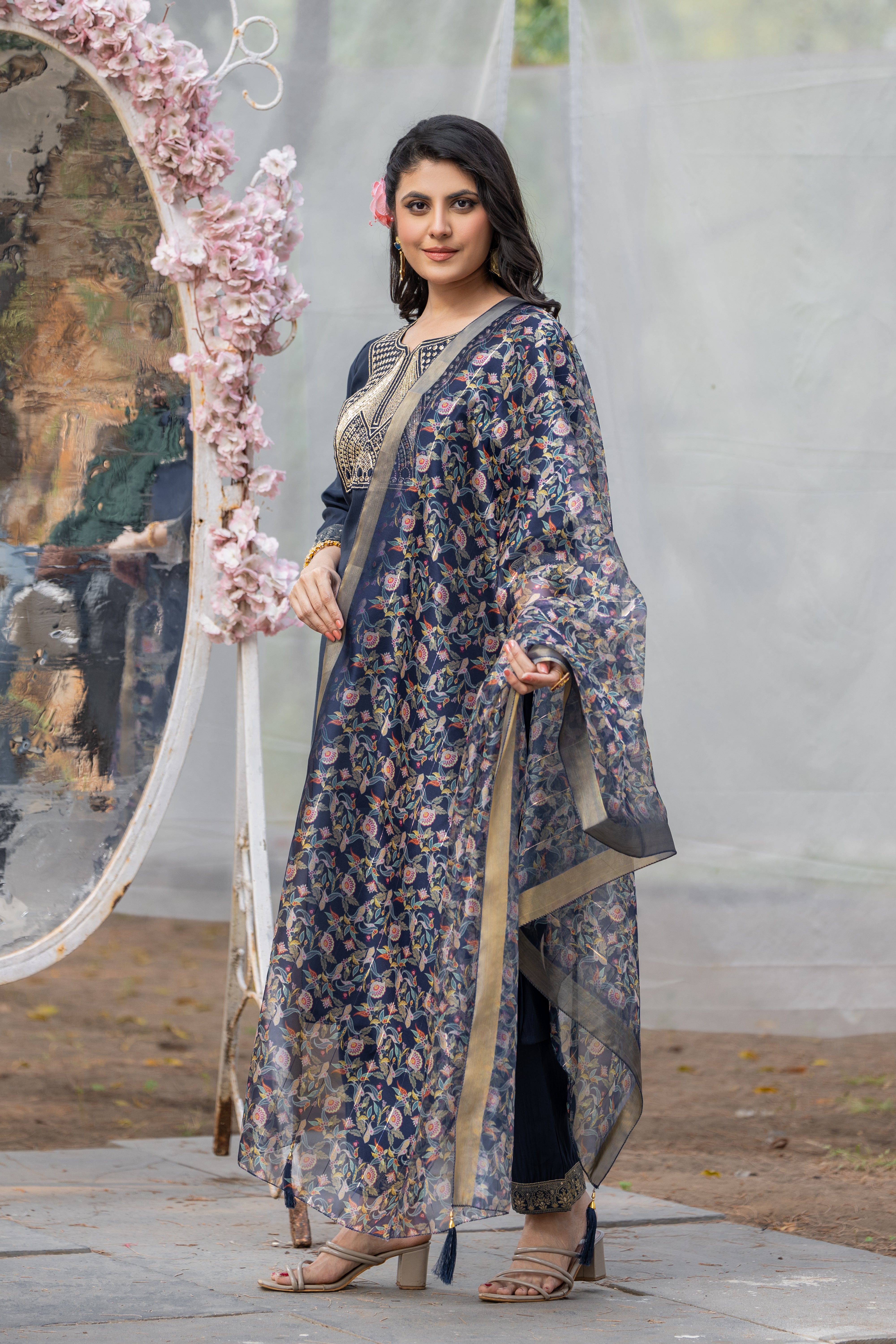 Navy Blue Rayon Slub Kurta Set with Embroidery & Digital Printed Organza Dupatta | Elegant Readymade Suit | Size S–XXL | Indian Ethnic Wear Malaysia