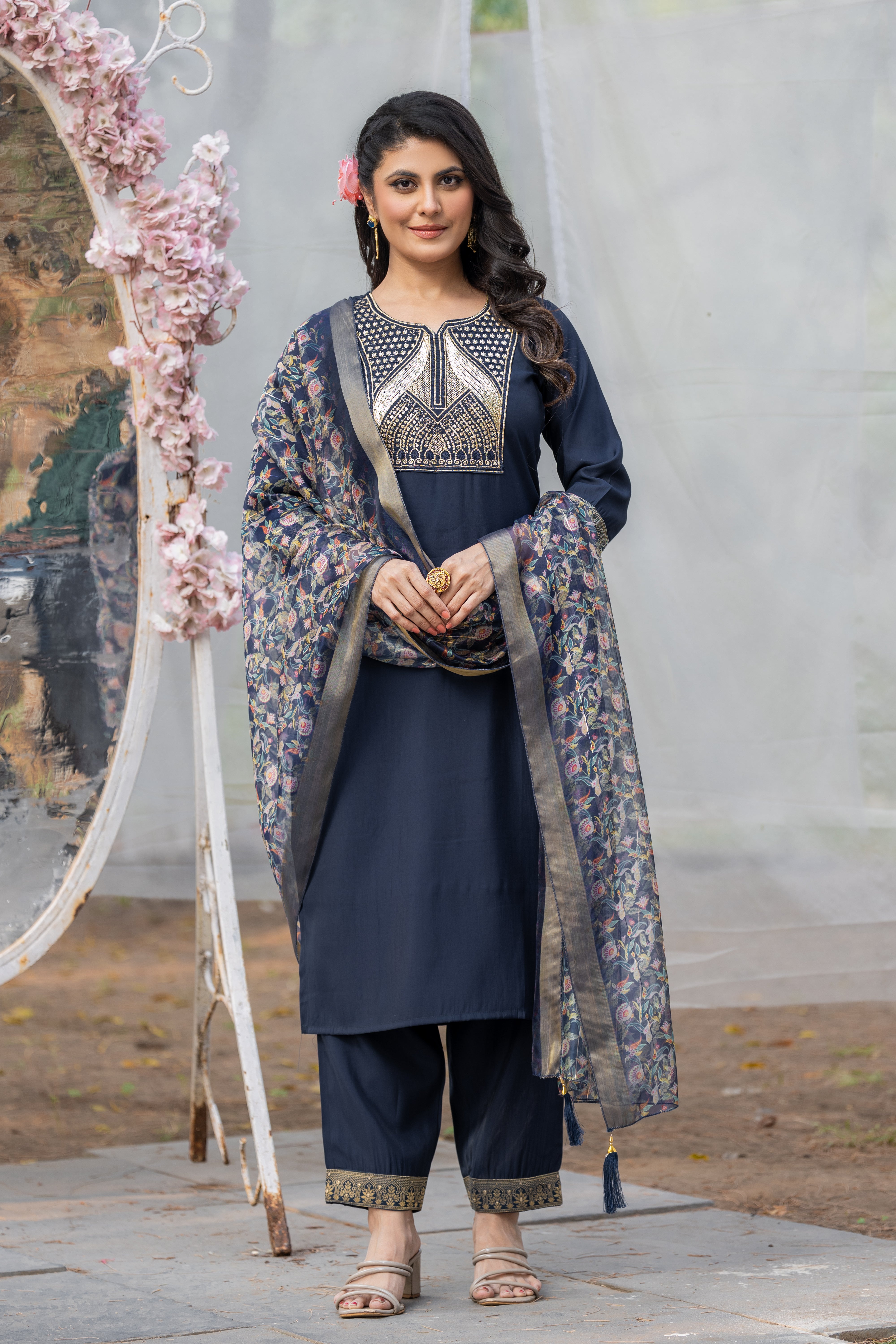 Navy Blue Rayon Slub Kurta Set with Embroidery & Digital Printed Organza Dupatta | Elegant Readymade Suit | Size S–XXL | Indian Ethnic Wear Malaysia