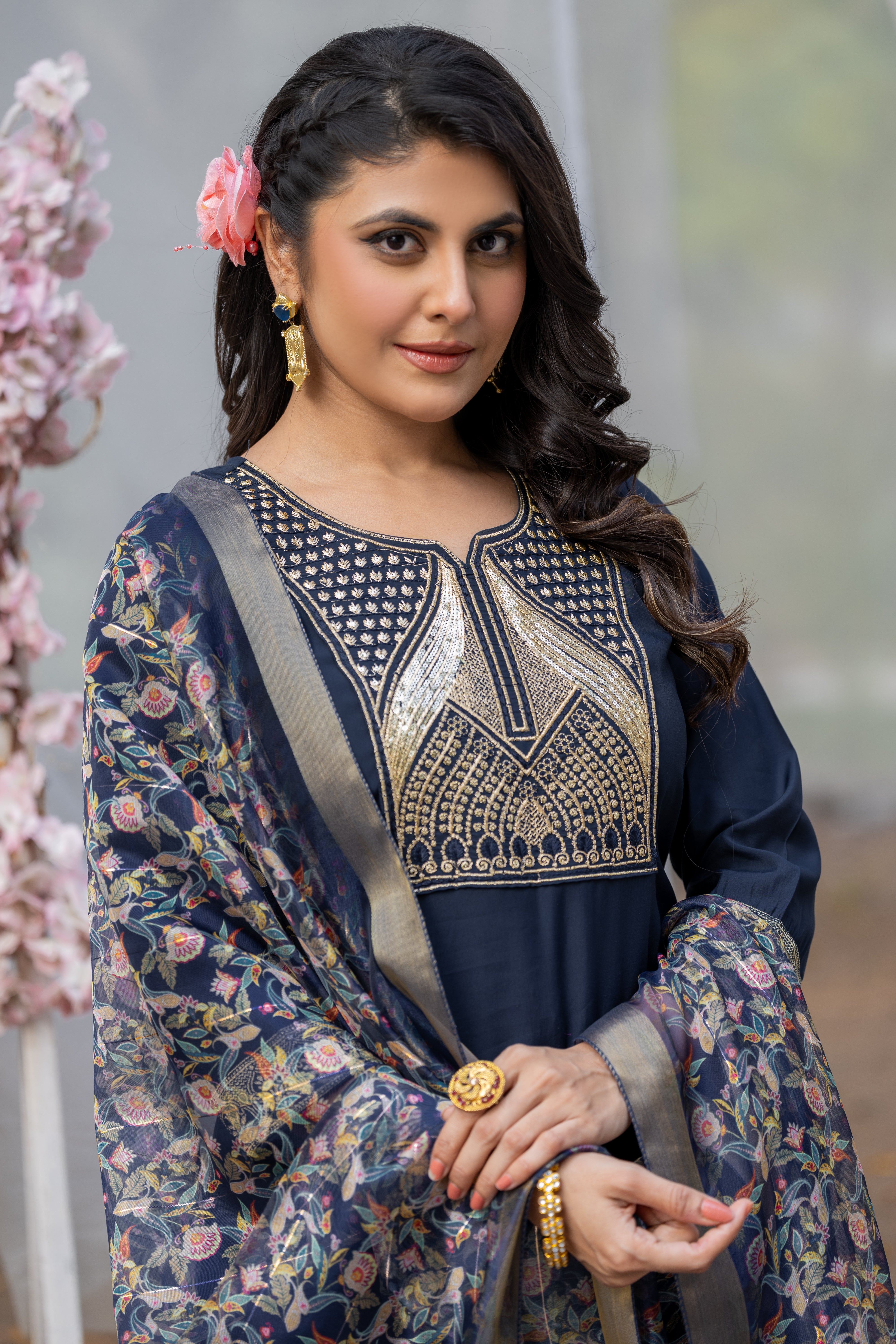 Navy Blue Rayon Slub Kurta Set with Embroidery & Digital Printed Organza Dupatta | Elegant Readymade Suit | Size S–XXL | Indian Ethnic Wear Malaysia