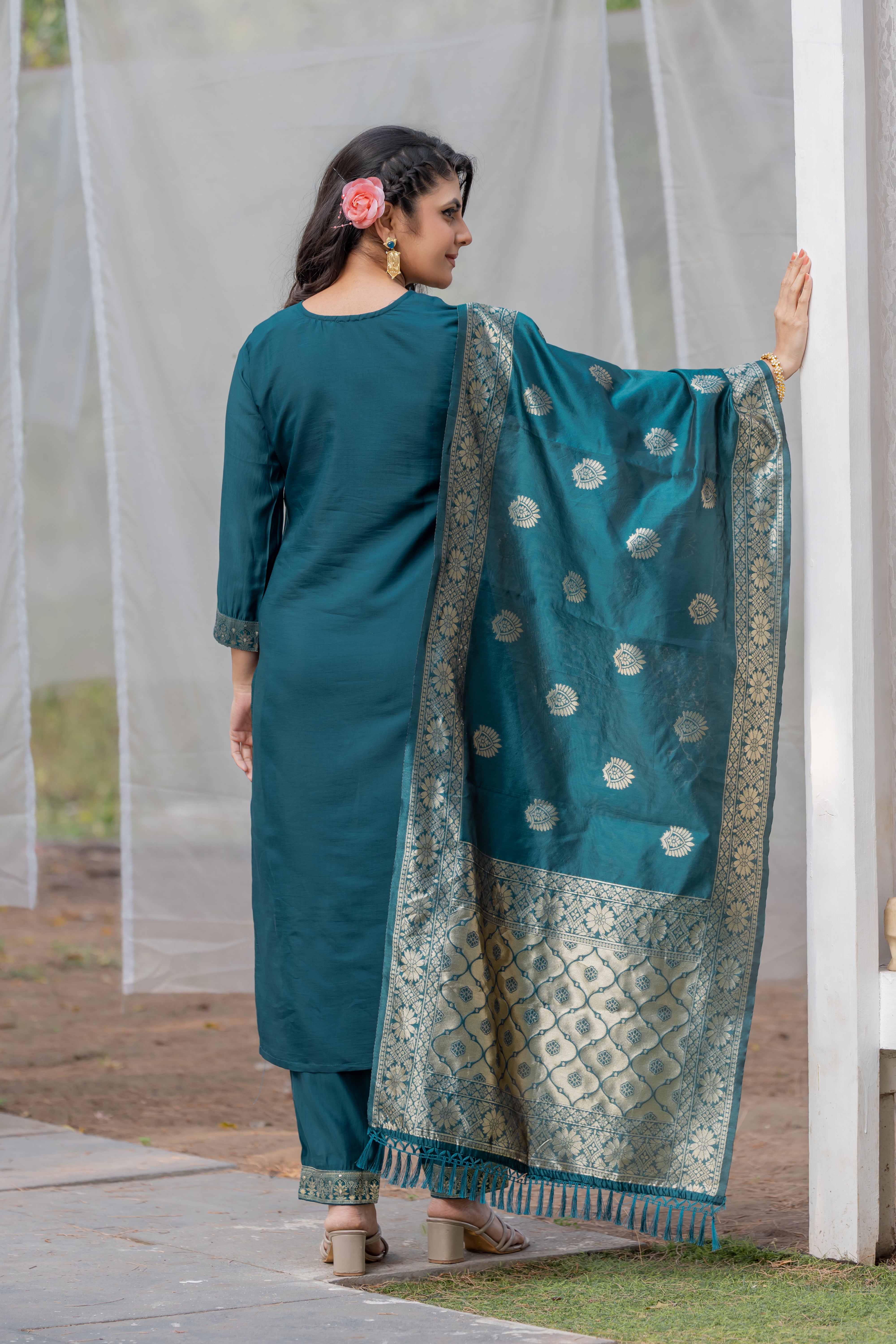 Mirzza Rayon Slub Kurta Set with Bottom & Jacquard Dupatta | Elegant Light Teal Ethnic Wear | Festive & Party Collection – Malaysia
