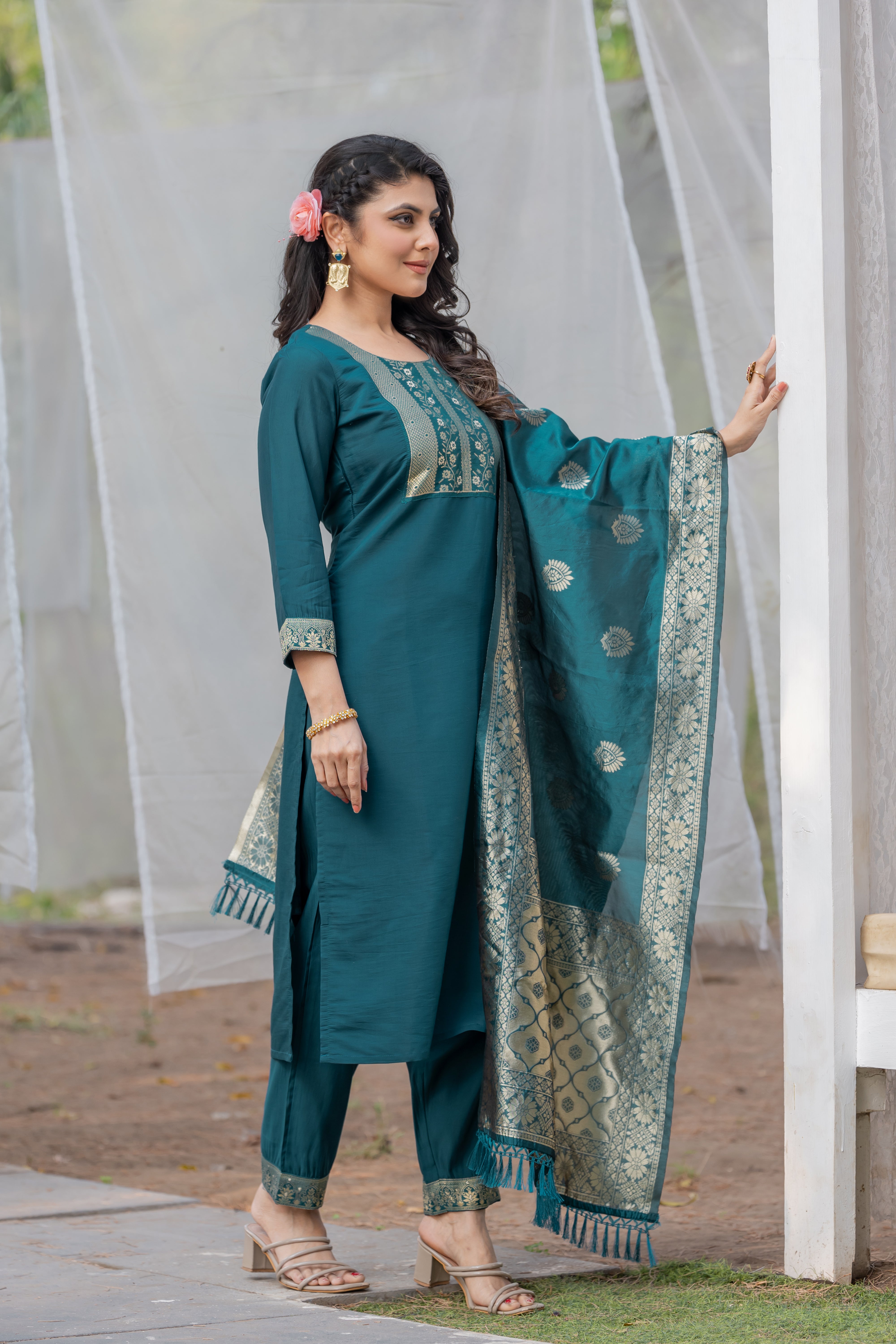Mirzza Rayon Slub Kurta Set with Bottom & Jacquard Dupatta | Elegant Light Teal Ethnic Wear | Festive & Party Collection – Malaysia