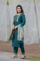 Mirzza Rayon Slub Kurta Set with Bottom & Jacquard Dupatta | Elegant Light Teal Ethnic Wear | Festive & Party Collection – Malaysia