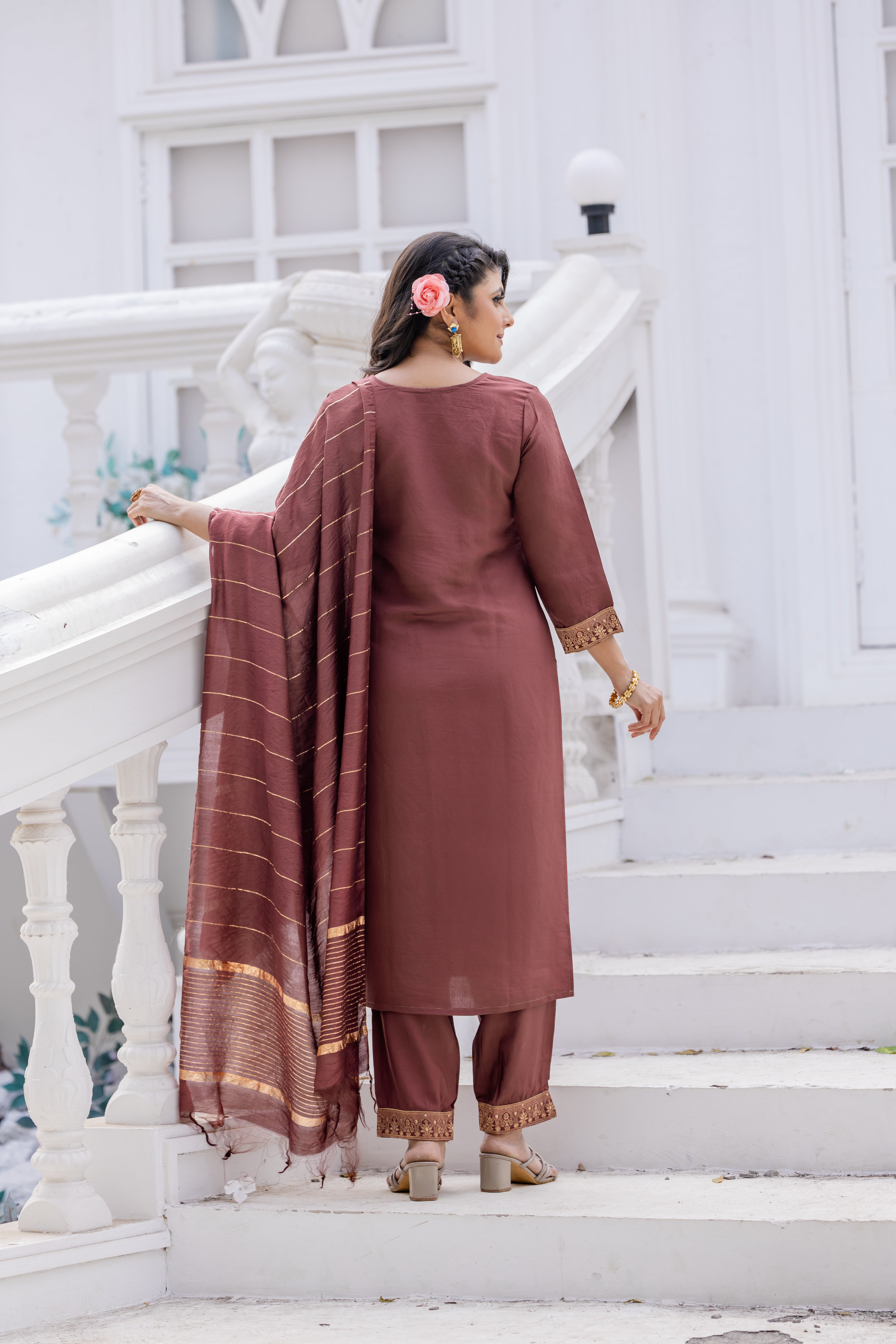 Indraa Roman Silk Kurta Set with Bottom & Dupatta | Jacquard Work | Premium Festive & Party Wear | Malaysia Online Shopping