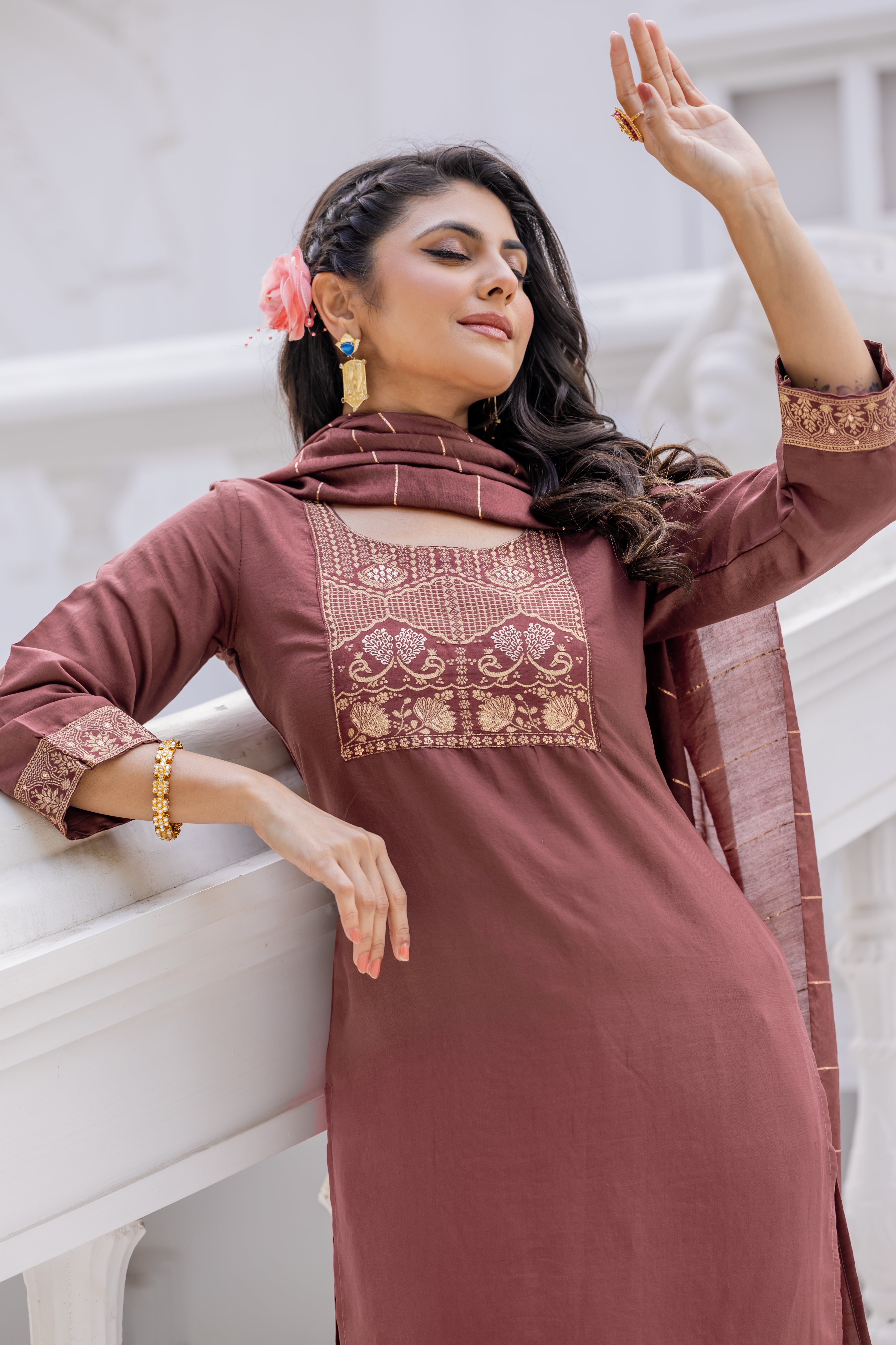 Indraa Roman Silk Kurta Set with Bottom & Dupatta | Jacquard Work | Premium Festive & Party Wear | Malaysia Online Shopping