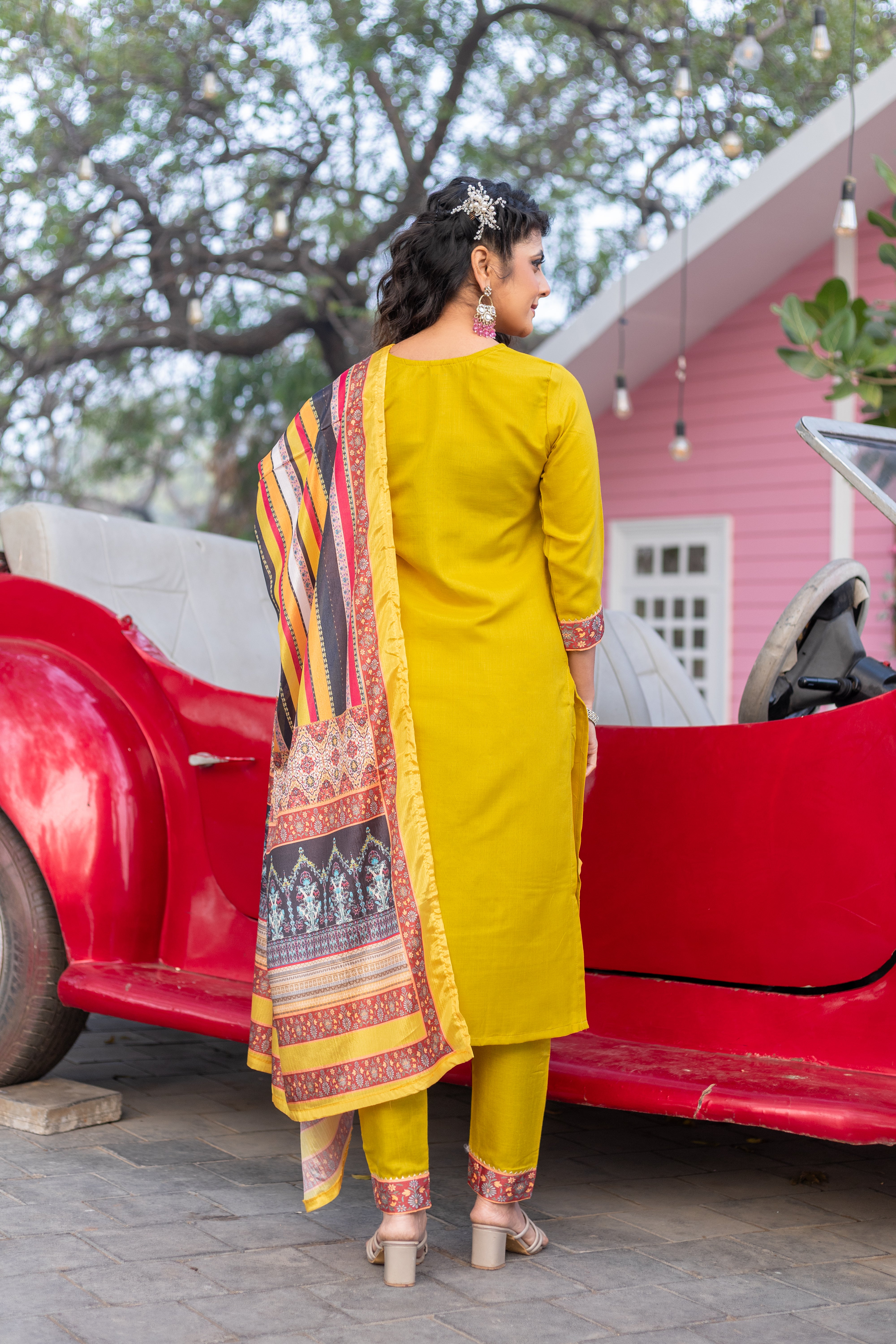 SK-13 Mustard Cotton Blend Kurta Set with Bottom & Polyester Dupatta | Embroidered 3-Piece Ethnic Wear – Malaysia