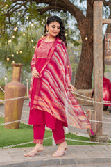 Tisha Pink Roman Silk Kurta Set with Bottom & Organza Dupatta | Embroidered 3-Piece Ethnic Wear – Malaysia