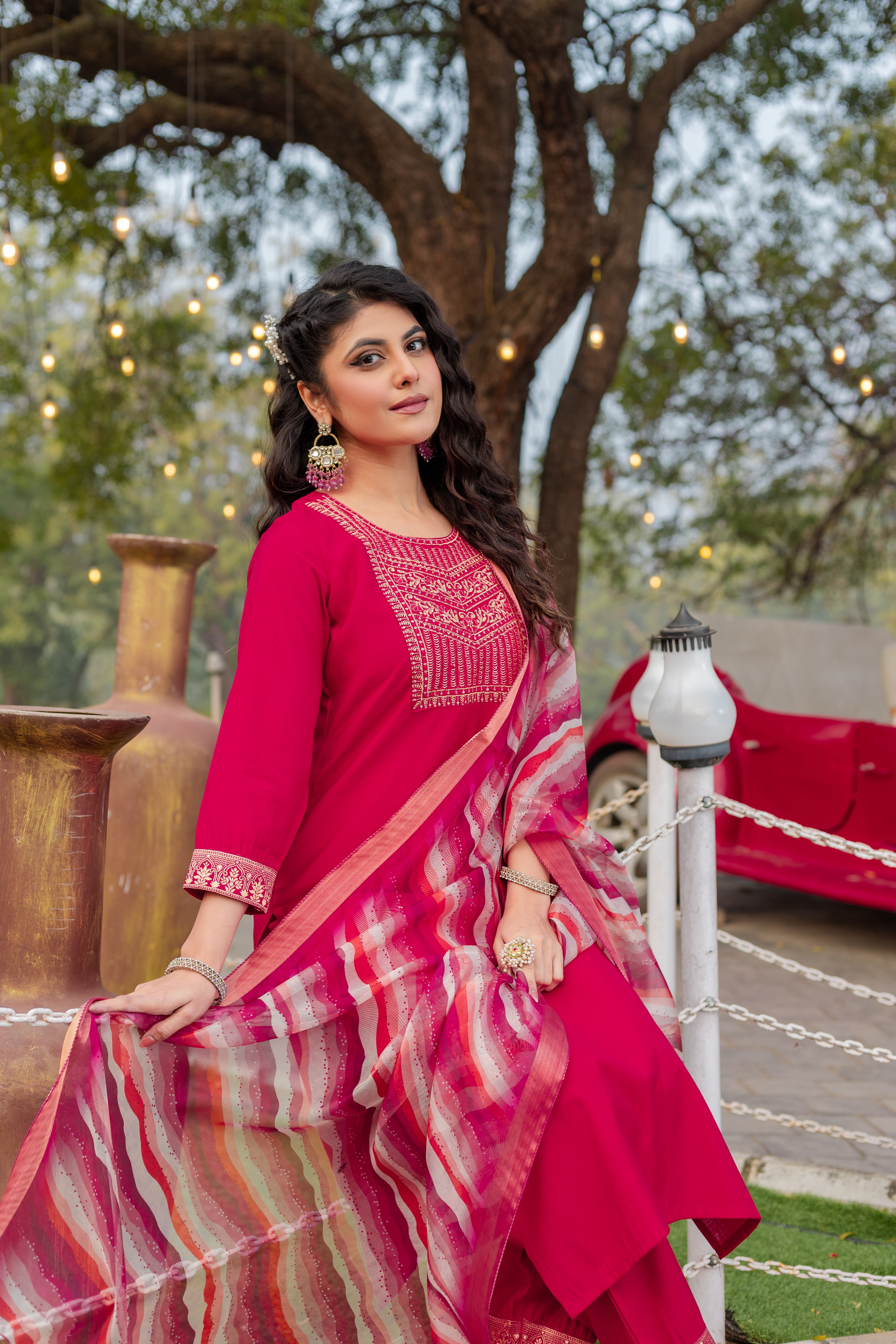 Tisha Pink Roman Silk Kurta Set with Bottom & Organza Dupatta | Embroidered 3-Piece Ethnic Wear – Malaysia