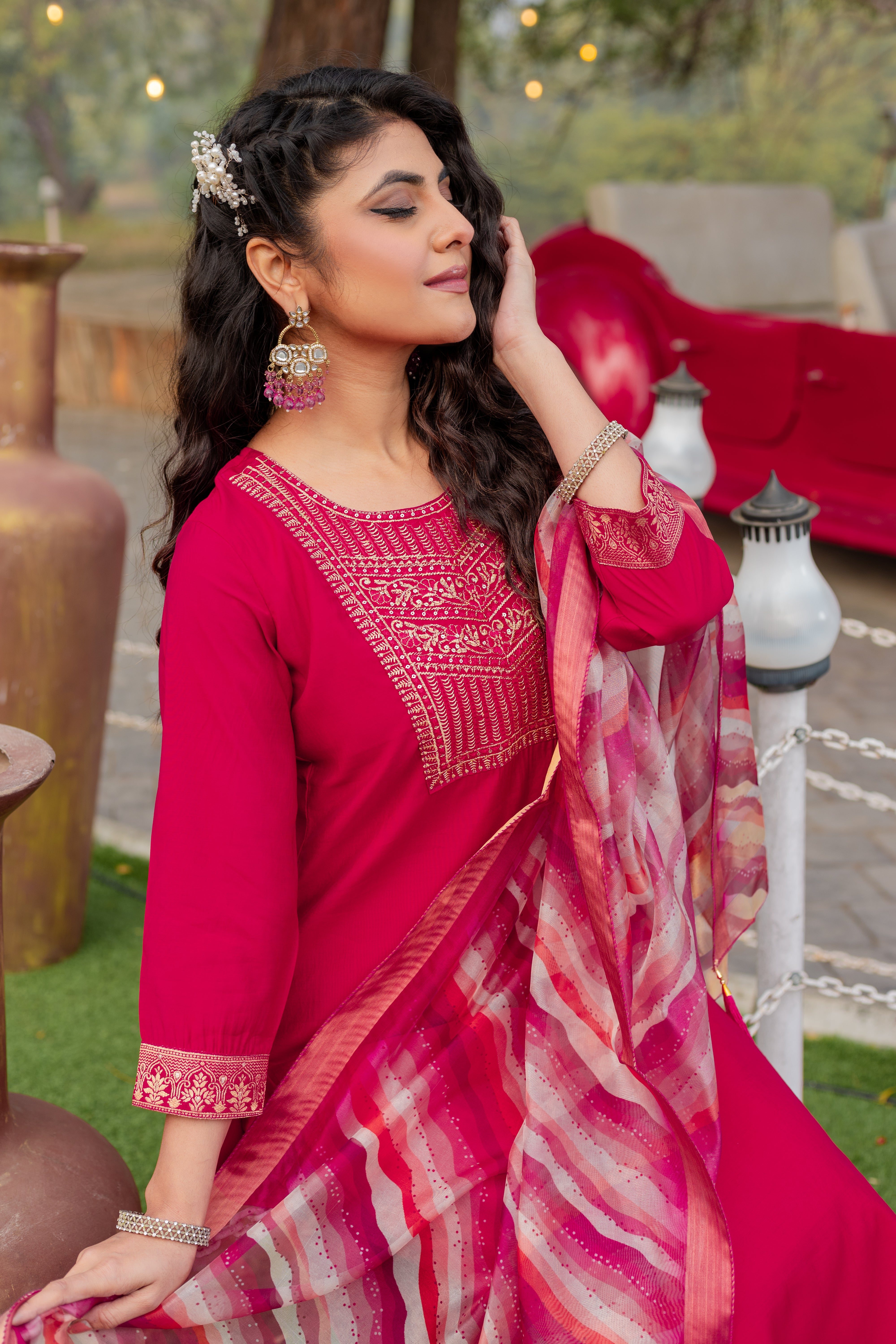 Tisha Pink Roman Silk Kurta Set with Bottom & Organza Dupatta | Embroidered 3-Piece Ethnic Wear – Malaysia