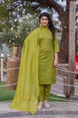 SK-882 Mint Green Cotton Blend Kurta Set with Bottom & Chanderi Dupatta | Embroidered 3-Piece Ethnic Wear – Malaysia