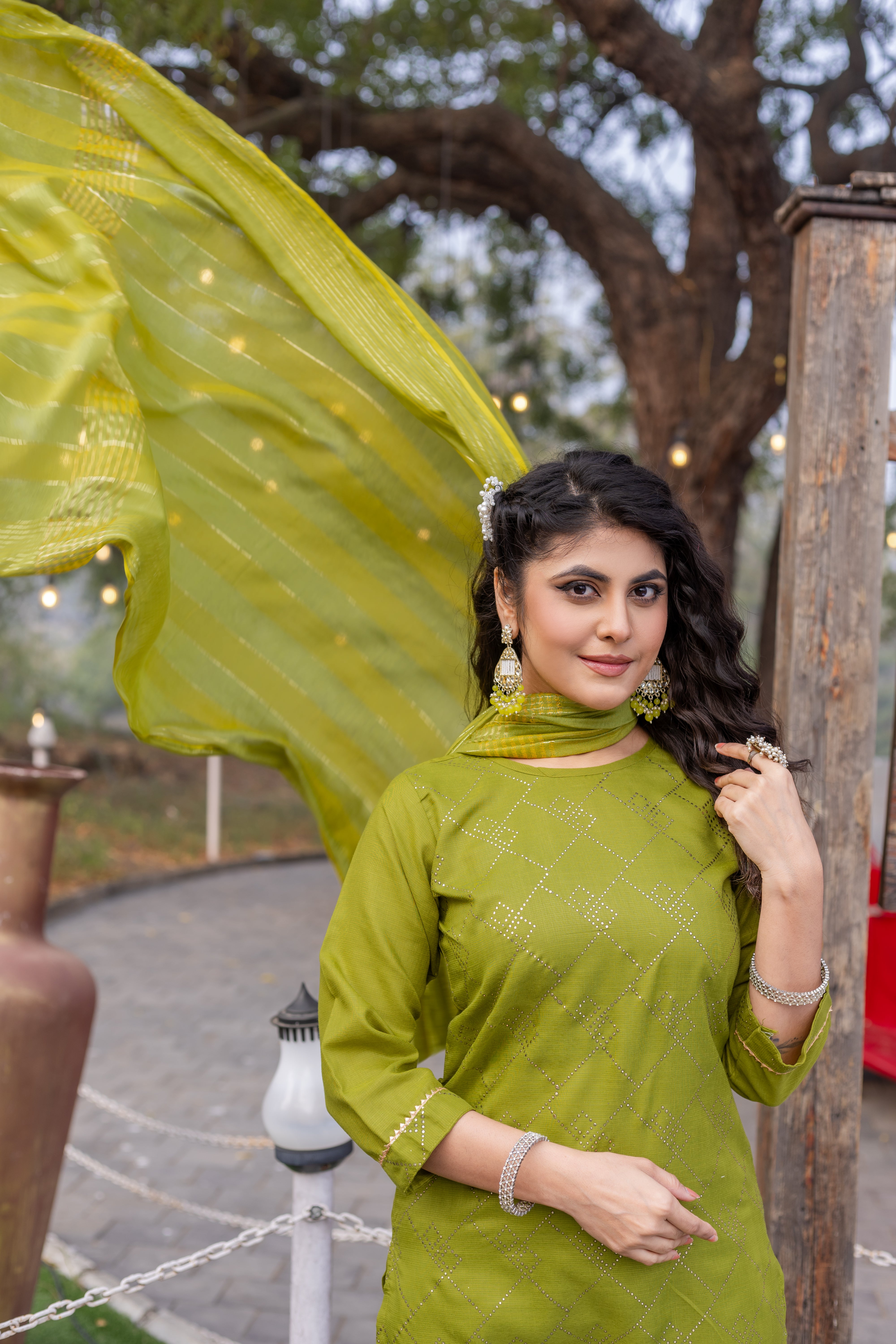 SK-882 Mint Green Cotton Blend Kurta Set with Bottom & Chanderi Dupatta | Embroidered 3-Piece Ethnic Wear – Malaysia