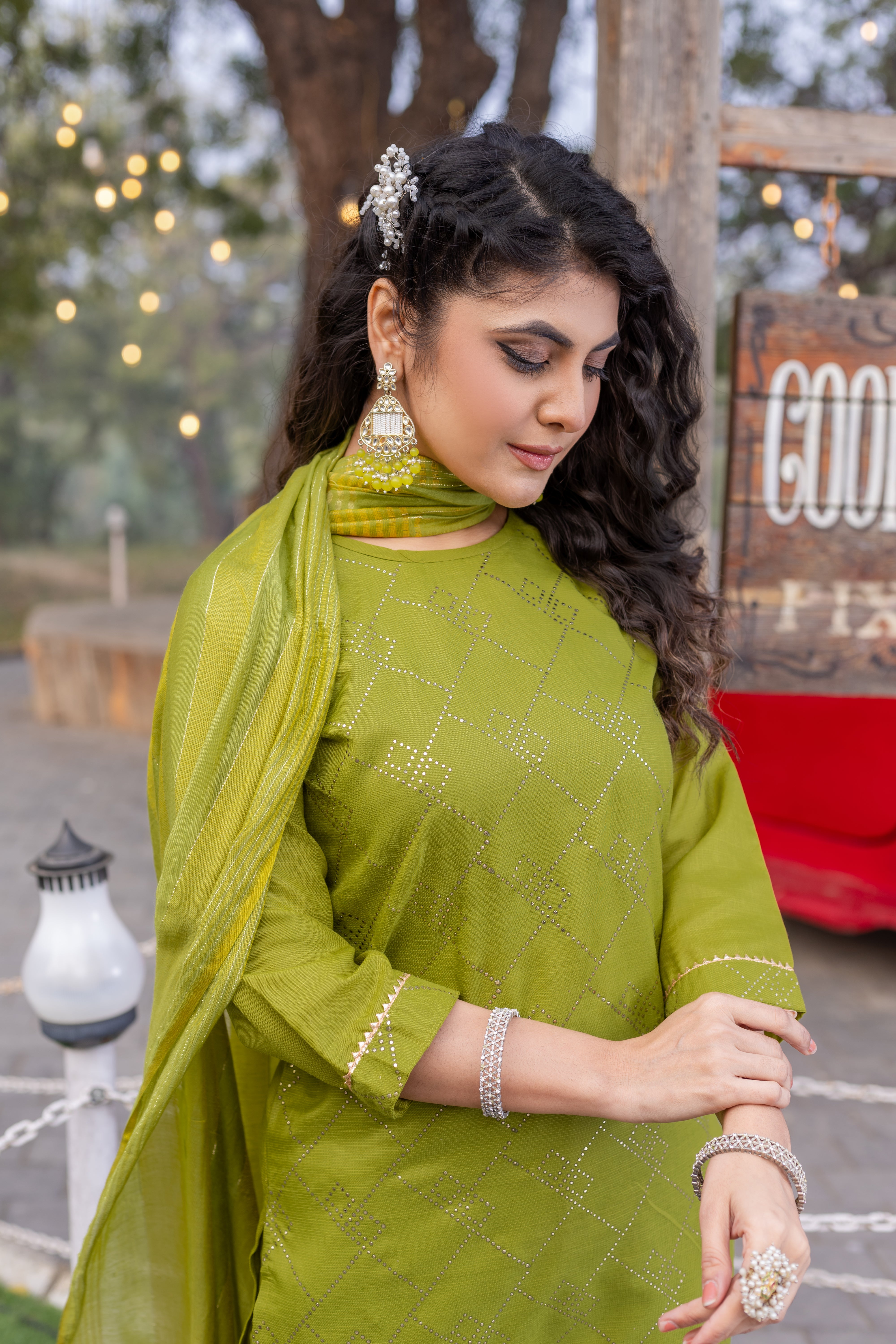 SK-882 Mint Green Cotton Blend Kurta Set with Bottom & Chanderi Dupatta | Embroidered 3-Piece Ethnic Wear – Malaysia