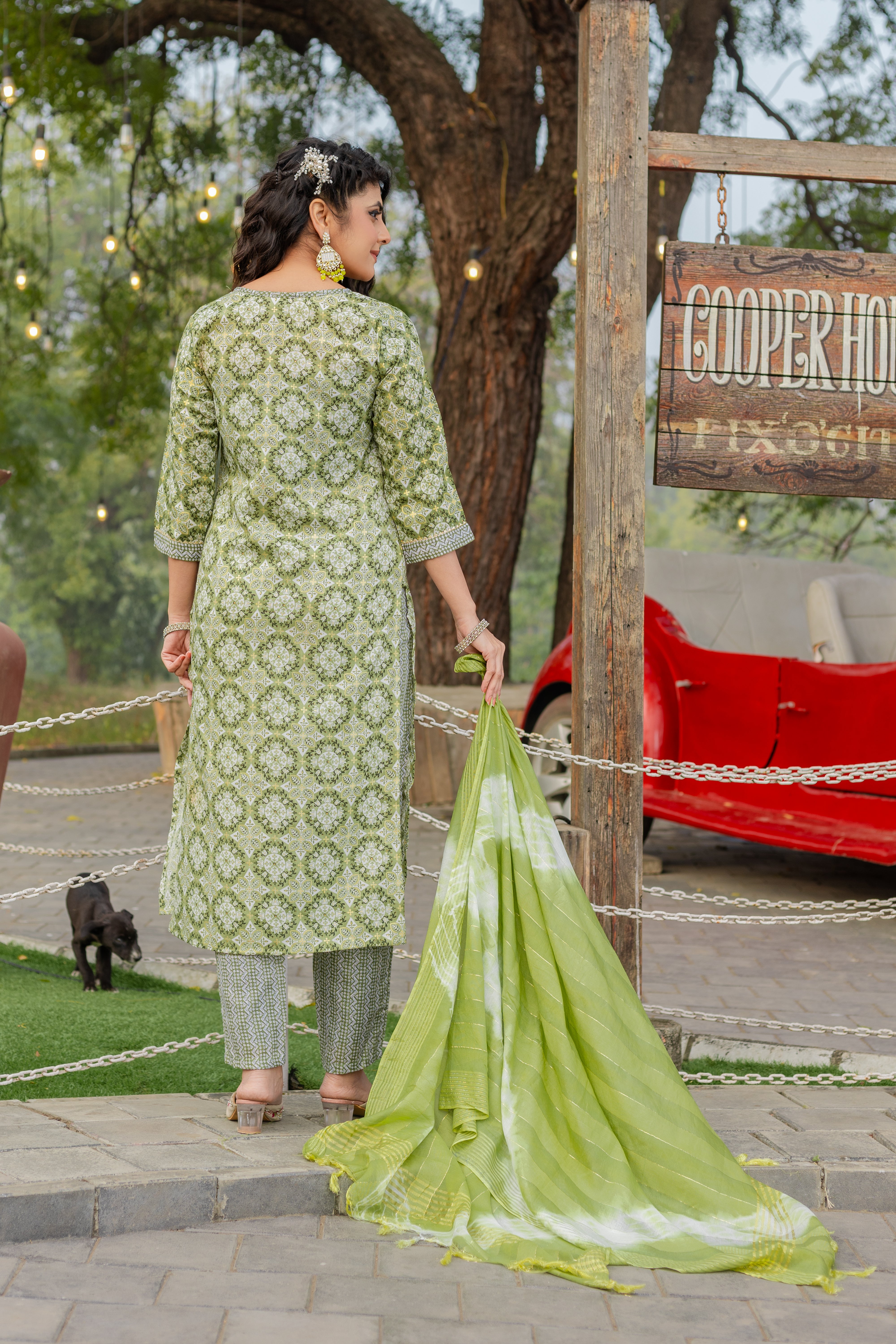 SK-9 Mint Green Cotton Blend Kurta Set with Bottom & Chandery Dupatta | Printed 3-Piece Ethnic Set – Malaysia