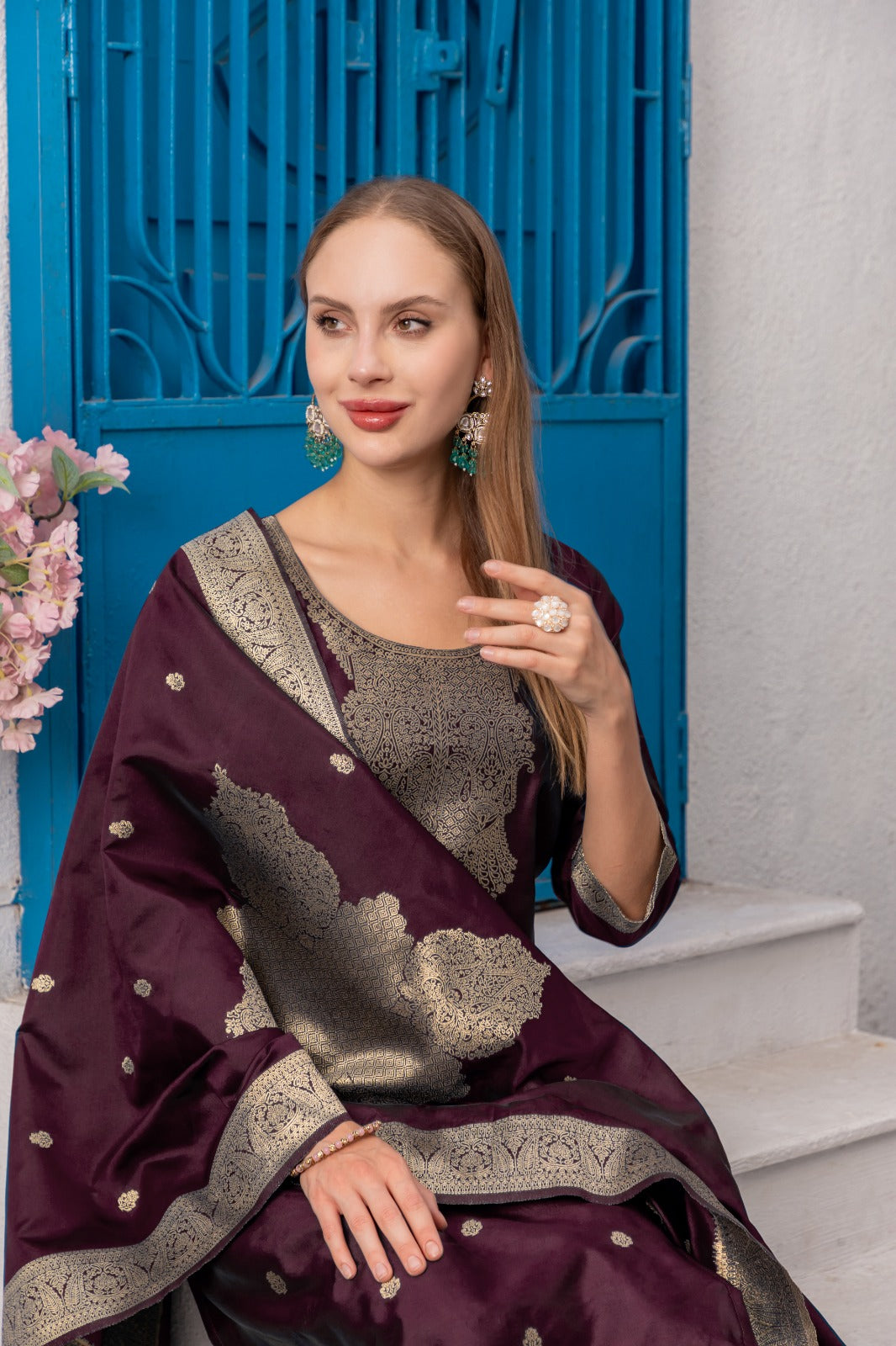 Noor Wine Soft Silk Kurta Set with Bottom & Jacquard Dupatta | Elegant Festive & Party Wear – Malaysia