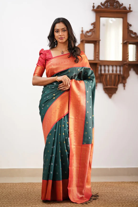 Banarasi Soft Silk Saree with Copper & Silver Zari Weaving
