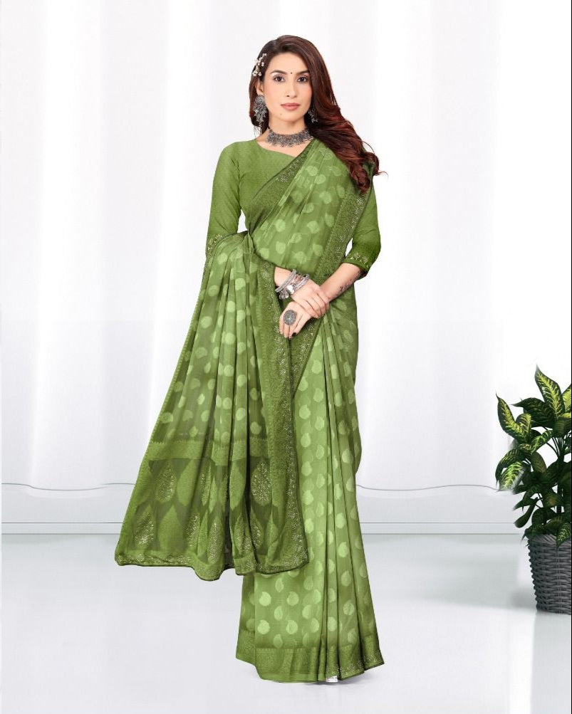 Georgette Diamond work Brasso cut siroski saree with blouse for women