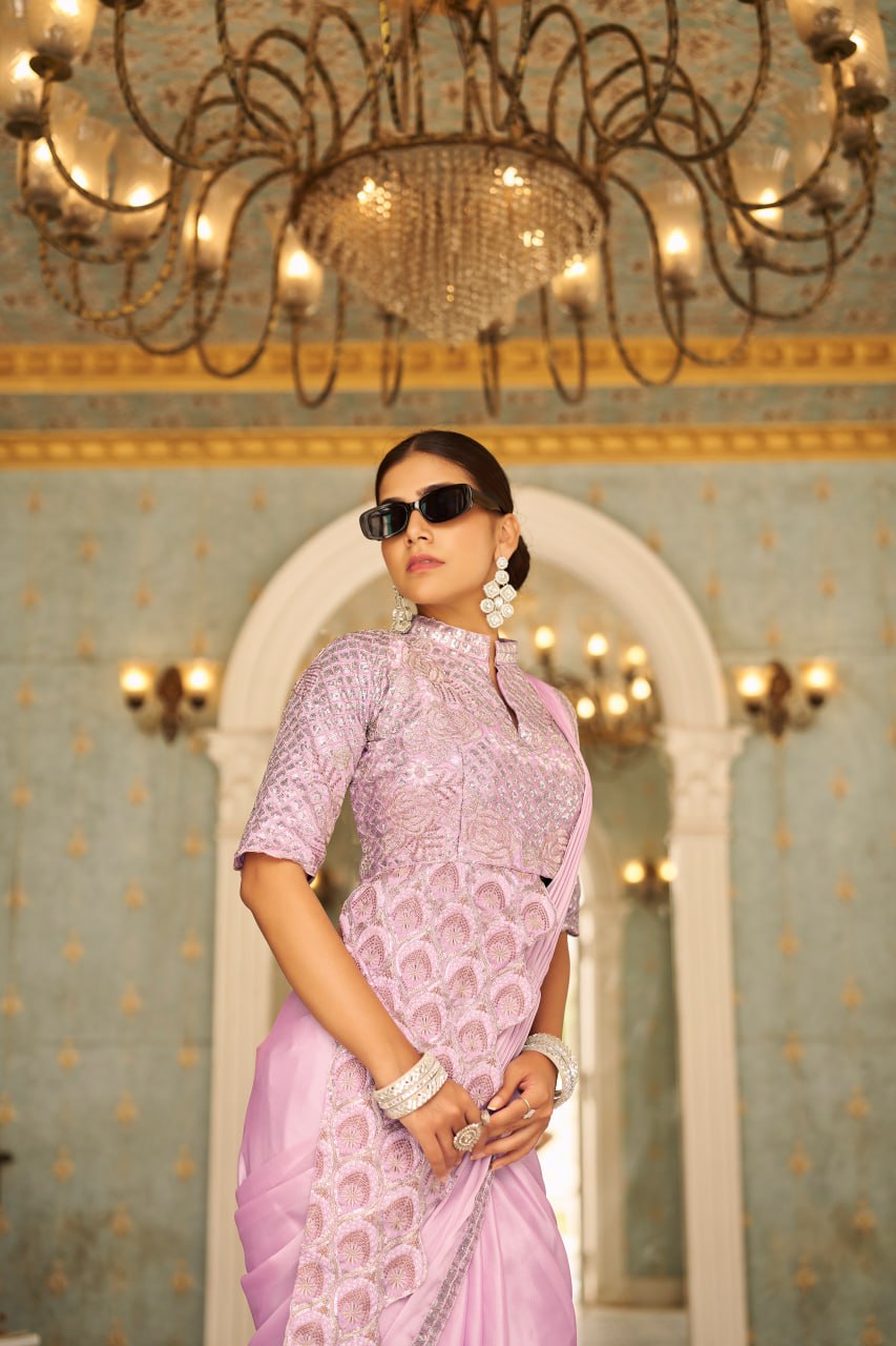 PINK READY TO WEAR SAREE WITH FULLY EMBROIDERED BLOUSE