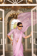 PINK READY TO WEAR SAREE WITH FULLY EMBROIDERED BLOUSE