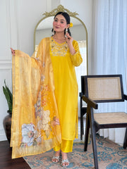RADHA YELLOW COLOURED  WOMEN'S VISCOSE CHINNON  KURTA WITH PANT DUPATTA  SET