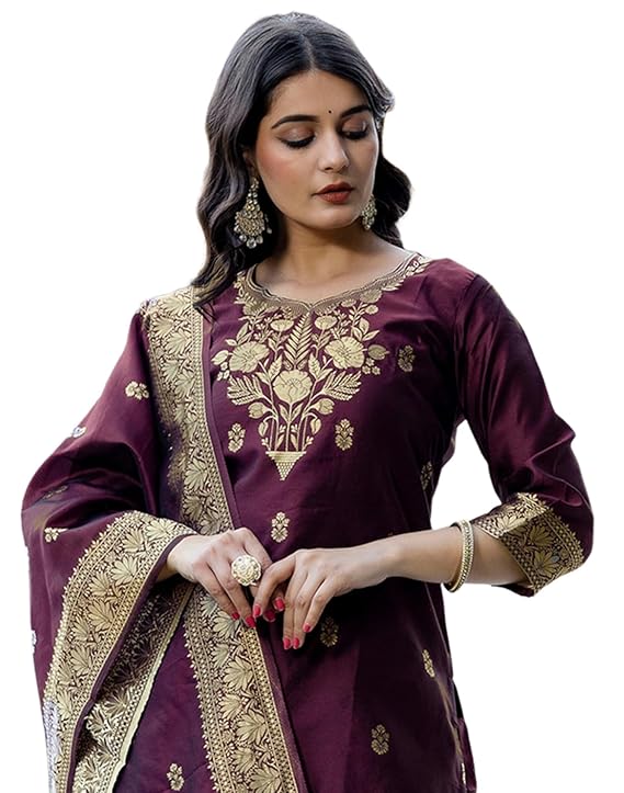 SIRIL Women’s Banarasi Rayon Jacquard Silk Blend Kurta Set with Pant & Dupatta | Designer Ethnic Wear for Women | Party & Wedding Kurti Set Malaysia