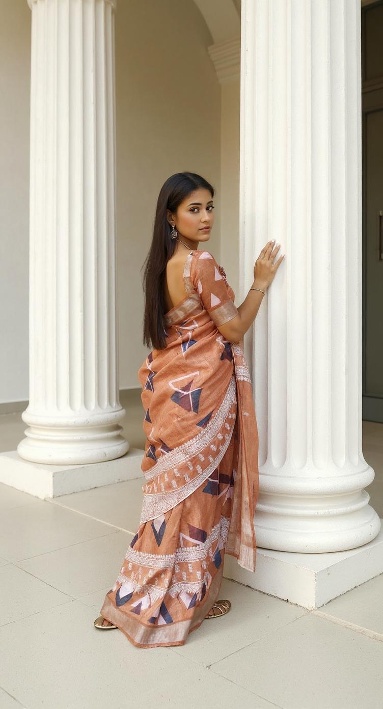 ORANGE  DIGITAL PRINTED COTTON SAREE
