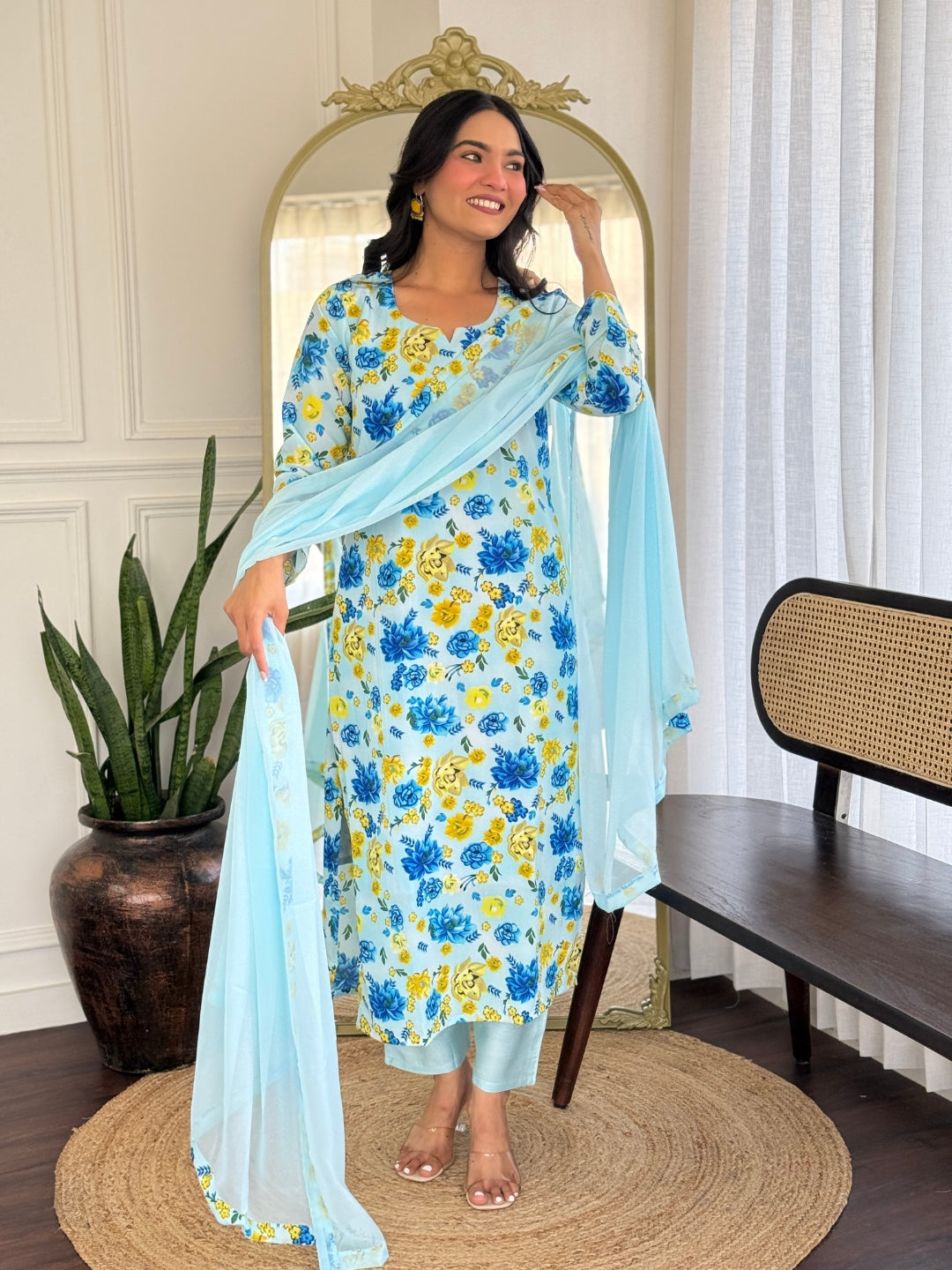SKY  COLOURED  WOMEN'S GEORGETTE  KURTA  WITH PANT DUPATTA  SET