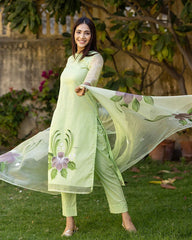Beautifull Organza tabby Fabriced Hand Printed Demanding Kurta Set