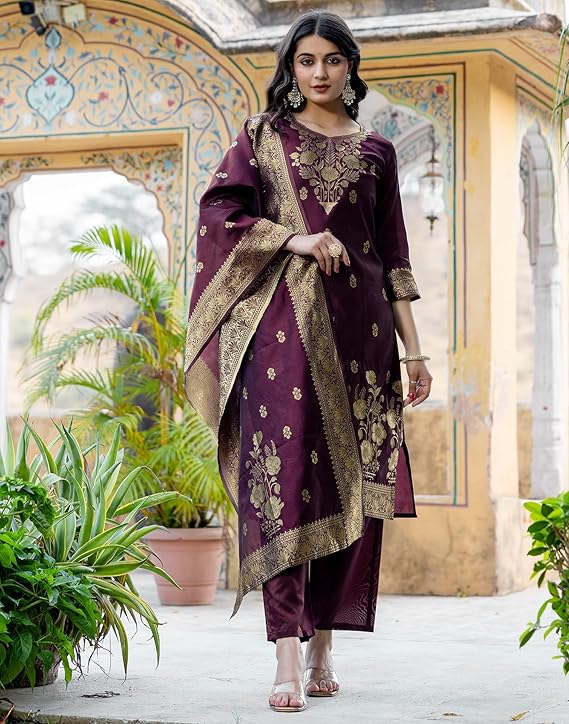 SIRIL Women’s Banarasi Rayon Jacquard Silk Blend Kurta Set with Pant & Dupatta | Designer Ethnic Wear for Women | Party & Wedding Kurti Set Malaysia