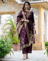 SIRIL Women’s Banarasi Rayon Jacquard Silk Blend Kurta Set with Pant & Dupatta | Designer Ethnic Wear for Women | Party & Wedding Kurti Set Malaysia