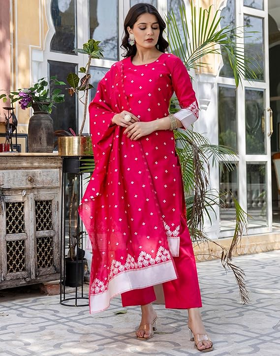 SIRIL Women’s Rayon Banarasi Jacquard Kurta Set | Silk Blend Straight Kurta with Pants & Dupatta | Indian Ethnic Wear for Women Malaysia | Party & Festive Wear Kurti Pant Set