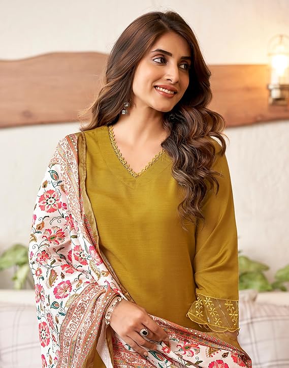 SKYLEE Women Floral Print Straight Kurta Suit Set with Dupatta | Cotton Blend Kurti Pant Set | Indian Ethnic Wear for Women Malaysia