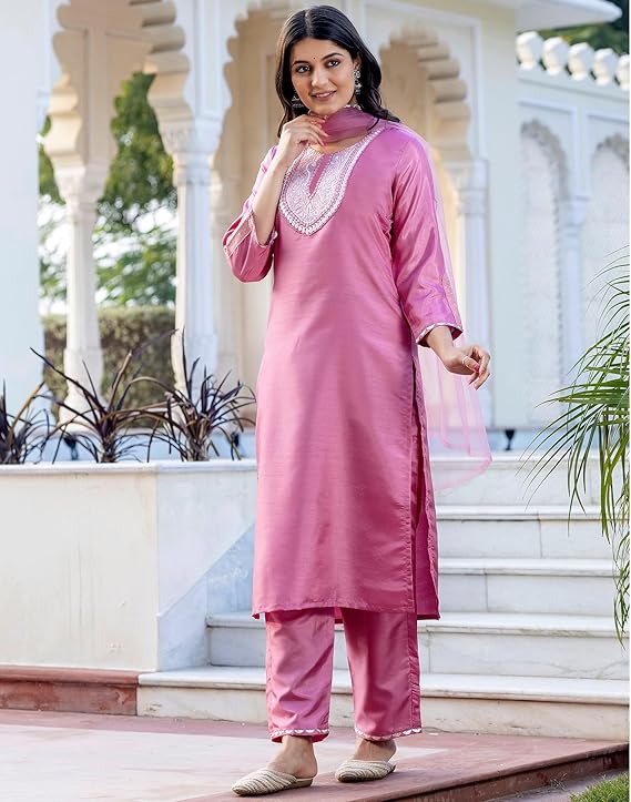 SKYLEE Women’s Dark PINK Silk Blend Kurta Set with Embroidery, Pants &amp; Dupatta | Ethnic Wear Malaysia | Festive &amp; Wedding Outfit