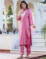 SKYLEE Women’s Dark PINK Silk Blend Kurta Set with Embroidery, Pants &amp; Dupatta | Ethnic Wear Malaysia | Festive &amp; Wedding Outfit